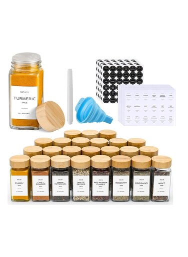 4oz 24Pcs, Glass Spice Jars with Bamboo Lids,Spices Container Set with White Printed Spice Labels,Kitchen Empty Spice Jars with Shaker Lids