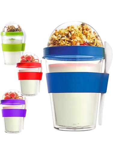 Premify Overnight Oats Jar, 4Pcs Double Wall Parfait Cups with Lids &amp; Spoon, 450ml/15oz Each Cup, /Yogurt/Breakfast On the Go Reusable Plastic Containers, Milk Jar/Oatmeal Breakfast/Smoothie Cups