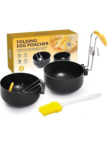 Azonee Foldable Egg Poacher Set &ndash; Poached Egg Cooker, Non-Stick Poached &amp; Boiled Egg Maker Cups, 18/10 Stainless Steel Handle with Hook, Kitchen Egg Poaching Tool (2 Pack, Black)