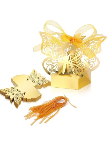 ELECDON Candy Boxes, 50 Pcs Butterfly Laser Cut Favor Boxes Cookie Present Boxes with Ribbons, Cute Chocolate Boxes for Wedding Girl Bridal Birthday Party Baby Shower Favors Decoration Supplies (Gold)