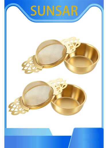 2 Pack Tea Strainer Bowl,Stainless Steel Tea Strainers for Loose Teas Single Cup Small Fine Mesh Teas Strainer with Drip Bowls for 2.5-4 Inch Cup Mouth,Gold