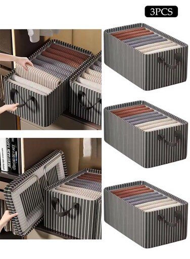 3 Pack Foldable Wardrobe Clothes Organizer,Stackable Drawer Closet Organizer with Handles and Metal Frame,Washable Cube Clothes Organizer Storage Bin,for Clothes,Toys,Books