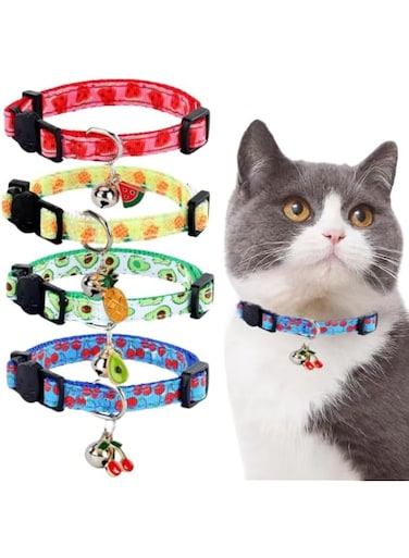 KOWVOWZ 4Pack Cat Collar with Bell, kitten Collar Safety Quick Release Buckle, Fruits Pattern Pet Kitten Collars, Adjustable to Fit All Domestic Cats(Watermelon, Pineapple, Cherry, Avocado)