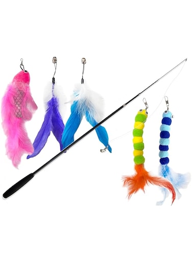 Blinggo Cat Toys Wand Retractable 1.75 m Super Long Interactive Feather Teaser Cat Toy with Bell, 5pcs Refills (4 section)