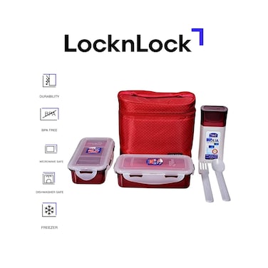 LocknLock 6-pcs Insulated Lunch Bag Set &ndash; Red, Airtight, BPA-Free Containers with Water Bottle