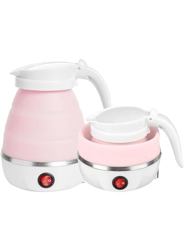 Portable Folding Electric Kettle Fast Boiling Foldable Electric Kettle for Travel Food Grade Silicone Boil Dry Protection Electric Kettle with Separable Power Cord for Hiking Camping and Indoor (Pink)