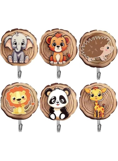Vamotto Wooden Animal Wall Hooks, 6-Pack Self Adhesive Coat Hooks Hanging Wall Mounted Hooks for Coats, Towels, Hats,Backpack, Robe, Purse Decorative Farmhouse