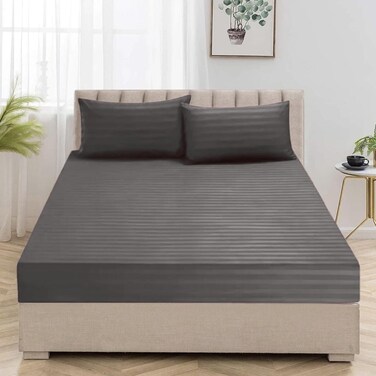 MUSA&Acirc;&reg; Striped Fitted Sheet - Soft, Breathable &amp; Fade-Resistant Cotton with Deep Pockets (Grey, 180 x 200cm)