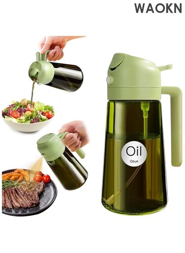 16oz/470ml Lightweight Blocking Oil Sprayer for Cooking with Sticker, Food Grade 2 in 1 Olive Oil Dispenser Bottle for Kitchen, Premium Dark Green Glass Oil Bottle for Air Fryer, Grill (Green)