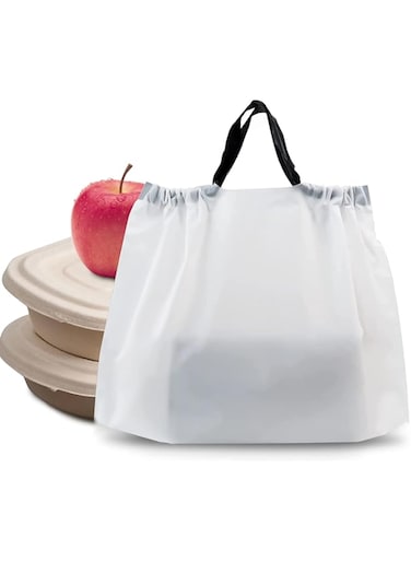 ELECDON Take out Bags with Handles, 50 PCS Water Proof Tamper Evident to Go Bags with Seal Drawstring Food Bags Reusable Thick Plastic Shopping Bags for Restaurants, Carry Out, Delivery (Large)