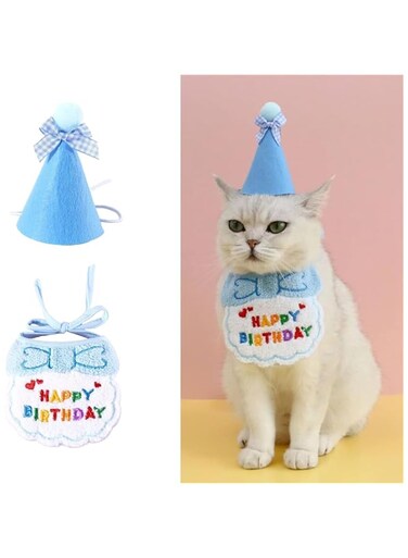 Dog Cat Birthday Hat Scarf Set,Cute Pet Birthday Party Supplies Decoration Set,Small Pet Embroidered Bandana Happy Birthday Decorations Puppy Birthday Party Supplies (blue)