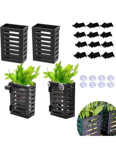 Rayyan 4 Pack Aquarium Plant Holder with Hooks and Suction Cups, Aquarium Planter Pots with 24 Hooks and 8 Suction Cups, Hanging Planter Cups for Fish Tank, Aquascape Decoration