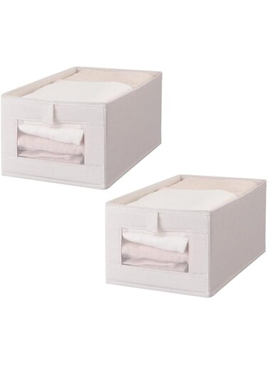 X spring Wardrobe Clothes Organizers, 2 Pack 7 Grids Closet Organizer and Storage with Mesh Window and Handle, Foldable Drawer for Clothing, Bras, Leggings, Jeans, Sweaters (Beige)