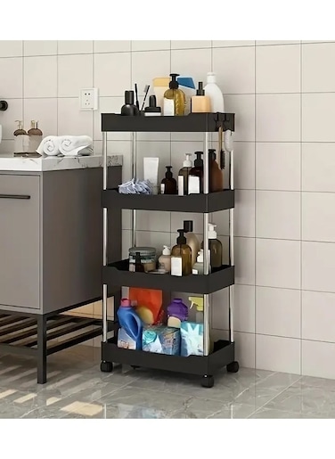 4 Tier Rolling Trolley Storage Organizer Utility Cart with Hooks and Wheels Mobile Functional Shelves for Bathroom Kitchen Office and Laundry Room