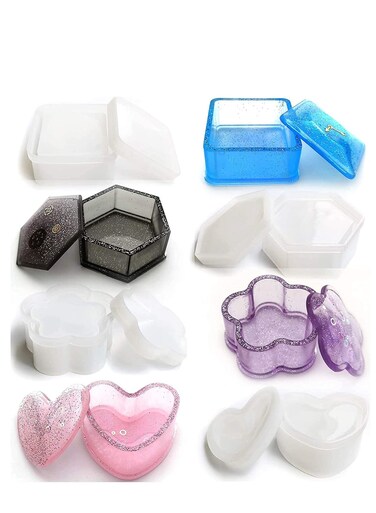Resin Molds Silicone, 4 Pcs Jewelry Epoxy Mold Sets with Heart Shape, Hexagon, Square and Flower for Storing Earrings, Rings, Coins, Keys or Making Flower Pot, Pen &amp; Candle Holder