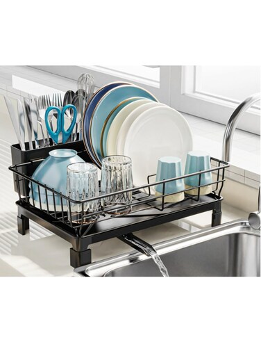 Small Dish Drying Rack in Sink - Kitchen Counter Dish Rack for RV Small Kitchen, 14.9" x 10.1" Dish Drainer with Drainboard, Utensil Holder, Dish Holder for Sink, Black