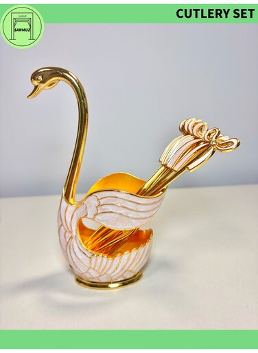 Swan Base Tableware Set with 6 Dessert Forks/Spoons - Unique Gold &amp; Pink Two-Tone Finish (More Stylish than Traditional Gold) Utensil Organizer for Home, Party &amp; Ramadan Gift - 4 Variation Choices