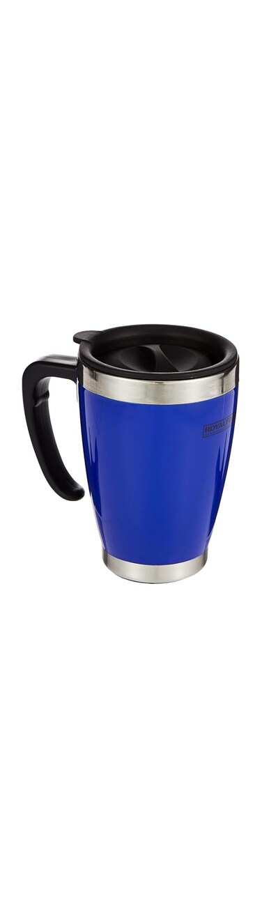 Royalford 14oz Stainless Steel Travel Mug - Coffee Mug with Handle &amp; Lid Travel Friendly   Dishwasher safe   Leakproof Lid Eco-Friendly Reusable Cup for Travel &amp; To-Go Hot/Cold Drinkware (Blue)