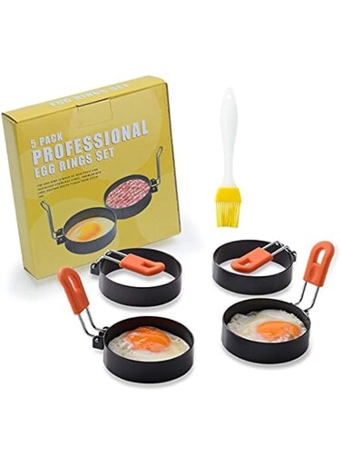 KASTWAVE Egg Ring, Stainless Steel Egg Ring Moulds with Anti-scald Handle and Oil Brush for Fried Egg Sandwiches Frying, Breakfast Household Kitchen Cooking Tool (4 Pack)