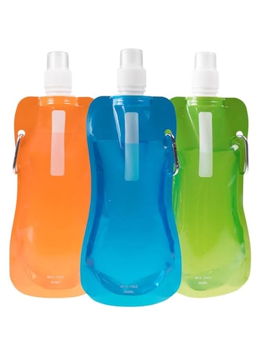 Clever Creations Collapsible Sports Water Bottle 3 Pack, Foldable Leak Proof Travel Bottles for Camping and Hiking, 480 mL Capacity, Blue, Orange, and Green
