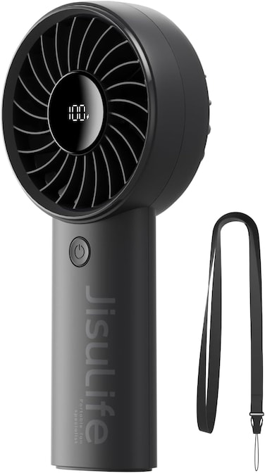 JISULIFE Handheld Fan Life4, Upgraded Portable Fan with Powerful Wind, USB Rechargeable Mini Hand Fan with Digital Display,3600mAh Battery, 5 Wind Speeds, Ideal for Travel/School/Eyelash-Black