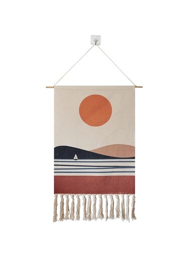 Macrame Woven Wall Tapestry Hanging Art, 20x34 Extra Large Boho Chic Bohemian Red Sun Landscape Geometric Printed Tapestries Decor for Apartment Dorm Kids Livingroom Bedroom Door Entrance (Round Sun)