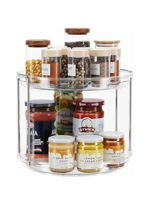 LAMU 2 Tier Lazy Susan Turntable Organizer 9.25&#39;&#39; Rotating Spice Rack Organization for Cabinet, Kitchen Pantry Organizer, Countertop, Spining Makeup Organizer for Bathroom Vanity, Clear