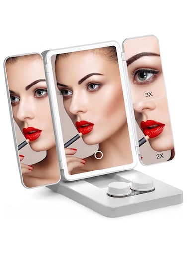 Rechargeable Trifold Travel Makeup Mirror, With 76 LED Light - 2 in 1 Vanity Mirror with Foldable, 3 Way Mirror with Magnification, Adjustable Brightness, 3 Colors Modes and Eyeglass (White)