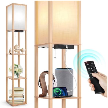 Floor Lamp Shelf with Remote Control, Dimmable &amp; 4 Colour Temperature Adjustable, 1H Timer, LED Floor Lamp with 2 USB Ports, Floor Lamps with Lampshade for Living Room, Bedroom, Office