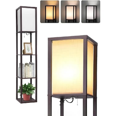 Floor Lamp with Shelves, Modern Shelf Lamp for Display Storage, Wood Narrow Standing Corner Lamp for Living Room Decor, Bedroom, Office, Home Decor(Bulbs are not included)