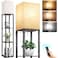 Dimmable Floor Lamp with Shelves and Remote Control, 3 Color Temperatures LED Bulb and Linen Lamp Shade, Modern Tall LED Standing Lamp with Display Storage, for Living Room, Bedroom and Office