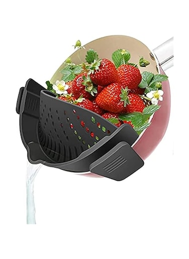 Strainer, Clip on Strainer, for Pots Pan Pasta Strainer, Silicone Food Strainer Hands Free Pan Strainer, Clip-on Kitchen Food Strainer for Spaghetti, Pasta Ground Beef, Fits All Bowls and Pots (Black)
