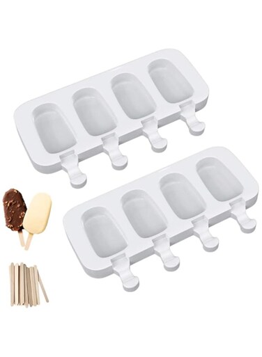 Ouddy Life Popsicle Molds Set of 2, Ice Pop Molds Silicone 4 Cavities Ice Cream Mold Oval Cake Pop Mold with 50 Wooden Sticks for DIY Popsicle, Clear