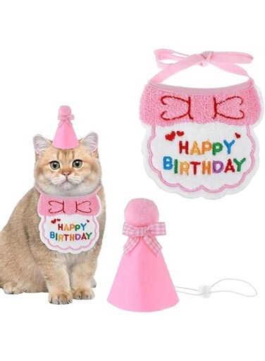 Rayyan Cat Birthday Hat and Bib, Cat Birthday Party Supplies, Cat Birthday Handkerchief Outfit, Cat Party Hat Scarf Set, Pet Decoration Set for Cat Puppy Kitten Birthday Party Decorations (Pink)