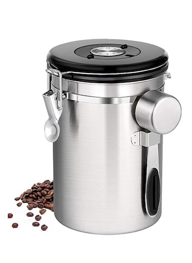 Coffee Canister Airtight Vacuum Stainless Steel Kitchen Food Storage Container with Date Tracker and Scoop for Beans Grounds Tea Flour Cereal Sugar (Silver, 1.8L)
