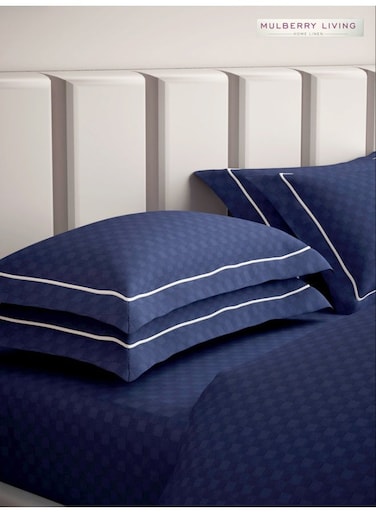 LIVING 100% Cotton Set of 2 Pillow Covers - 300TC Urban Grid - Mediterranean Blue