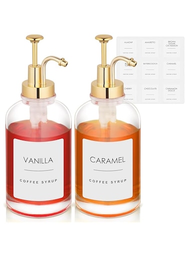 NAWOKEENY 2pcs Coffee Syrup Dispenser Set, Coffee Syrup Dispenser for Coffee Bar, Glass Syrup Bottle with Gold Upgraded Pump, Transparent Coffee Pump Dispenser Included Funnels, 17 oz / 500 ml