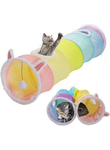 YEACO Large Size Straight Cat Tunnel with Four Holes and Hanging Ball for Indoor Cat Exercise, Interactive Crinkle Inside Material