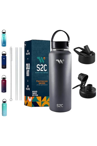 1200Ml Insulated Water Bottle With 3 Lids, Double Wall,Leak Proof, Stainless Steel Water Bottle With Straw Water Bottle For Gym, Water Bottle Thermos Flask For Hot Water Bottle (Grey)