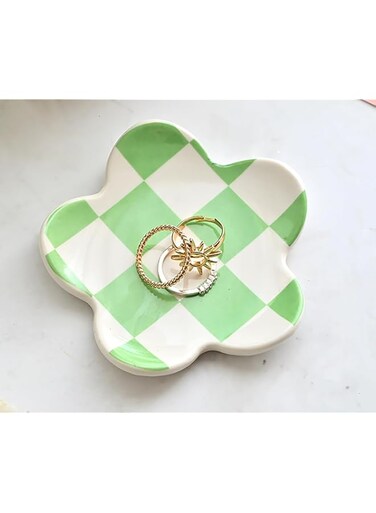 OVENKEI Ceramic Jewelry Tray, Green Checkered, Waterproof, 3.8 x 3.8 inches, Jewelry Storage for Women, Friendship Day Gift