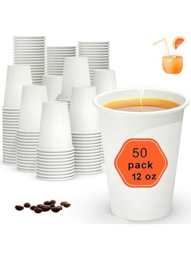 Duomama Leak-Free 12 oz Coffee Cups - Disposable Hot &amp; Cold Drink Cups - Food Safe Paper Cups - White Cups for Coffee - Pack of 50
