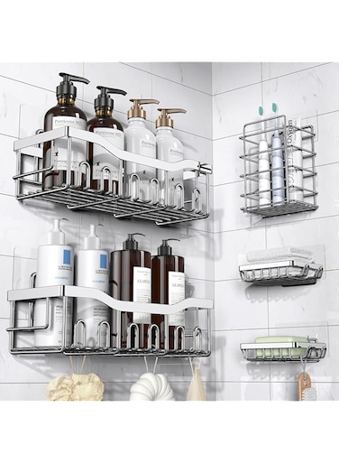 Tiokkss Shower Caddy 5 Pack, Adhesive Bathroom Organizer for Bathroom Storage&amp;Kitchen, No Drilling, Large Capacity, Rustproof Stainless Steel Bathroom Organizer Shelves for Inside Shower Rack Sliver
