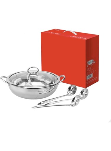Stainless Steel Shabu Shabu Dual Sided Hot Pot Set of 5 - Included 2 Slotted Spoon &amp; 1 Soup Ladle