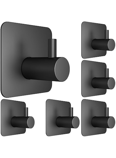 Honmein 6 Pcs Wall Hooks for Hanging - Waterproof Shower Hooks, Heavy Duty Towel Hooks for Bathrooms, Kitchens, and Offices (Black)