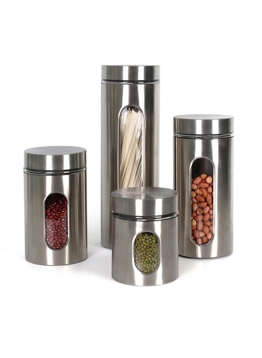 4-Pack Stainless Steel Glass Airtight Jars, Visible Storage Canister Set, Coffee Beans Tea Grains Candy Organizer, Home Food-Grade Sealing Containers (600ml+950ml+1300ml+1800ml)
