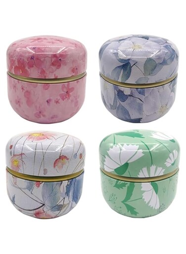 Metal Empty Tins Box, Round Gift Candy Loose Tea Storage Organizer Flower Tinplate Containers Mini Reusable for Wedding Party Favor Gifts for Tea Coffee Herb Candy Chocolate Sugar Spices (4 PCS)