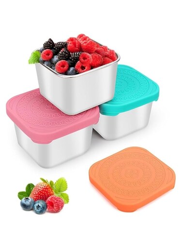 Khazna 3 Pack Stainless Steel Snack Containers, 6oz Small Metal Food Storage Containers with Leak Proof Silicone Lids, Reusable Lunch Snack Condiment Sauce Storage Set, for Travel, Picnic, Office