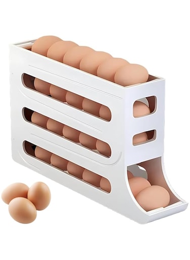 Maykela 4 Layer Rolling Egg Holder Egg Organizer for 28-30 Eggs Egg Storage Container for Refrigerator,Egg Rolling Dispenser Auto Roll Egg Organizer for Refrigerator (White)