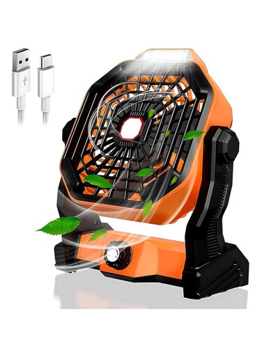 Portable Camping Fan with LED Lantern, USB Rechargeable Desk Fan 5200mAh Cordless Battery Operated Fan with Hanging Hook, Cooling Table Fan Mini Desktop fan for Camping Hiking Picnic Tent Home Office