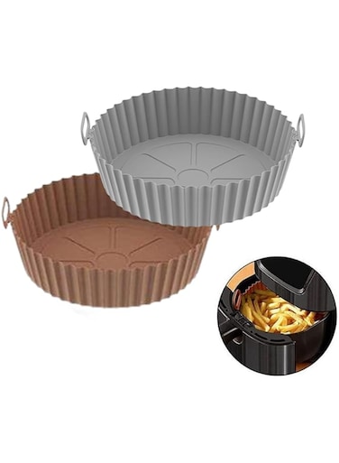 Air Fryer Silicone Pot, 2 Pcs Air Fryer Liners Food Safe Non Stick Airfryers Basket Oven Accessories, Reusable Replacement of Flammable Parchment Liner Paper Fits 3QT - 5QT Air Fryer (Brown + Grey)